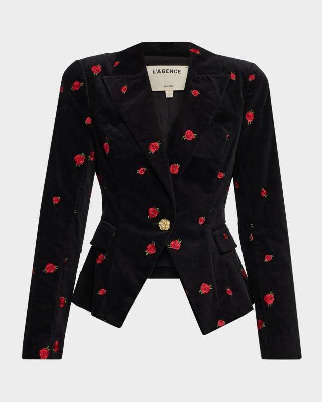 Kaisley Embroidered Velvet Single-Breasted Blazer